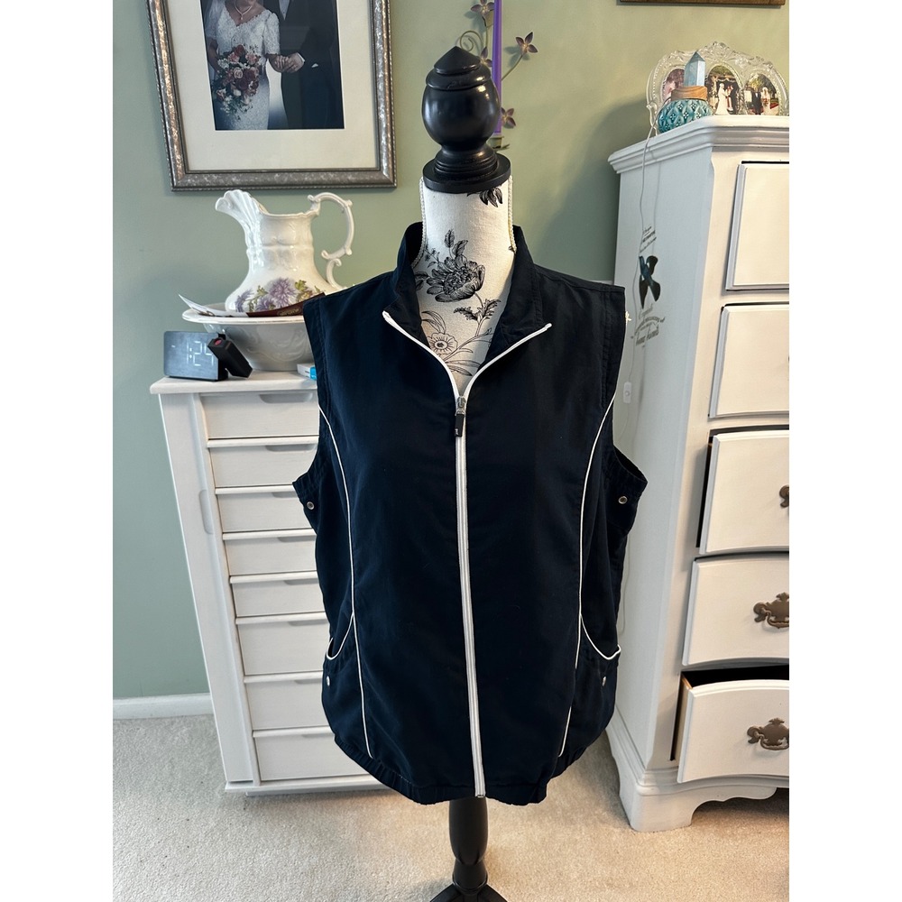 Liz Golf Navy Blue Full Zip Mesh Lined Vest White Piping Size XL